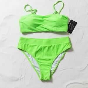 YACUN Neon Green High Waisted Bikini Set NWT Medium Lime Bandeau Swimsuit